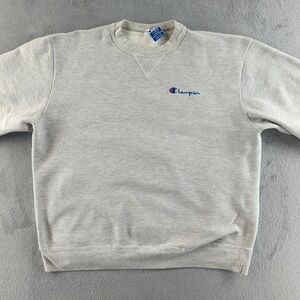 Vintage Champion Sweatshirt Mens XL Grey Script Logo Distressed Made in USA 90s